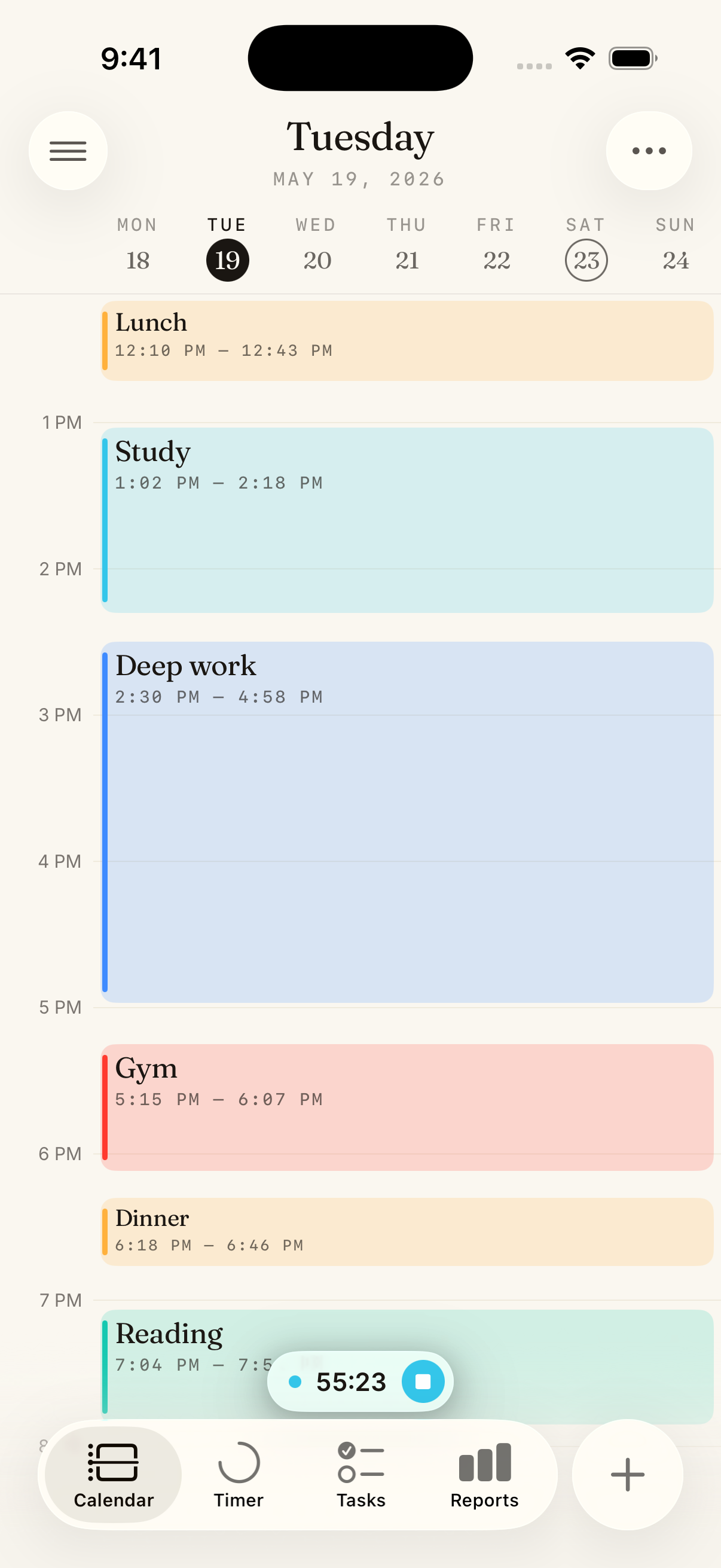 Calume calendar day view with tracked time blocks