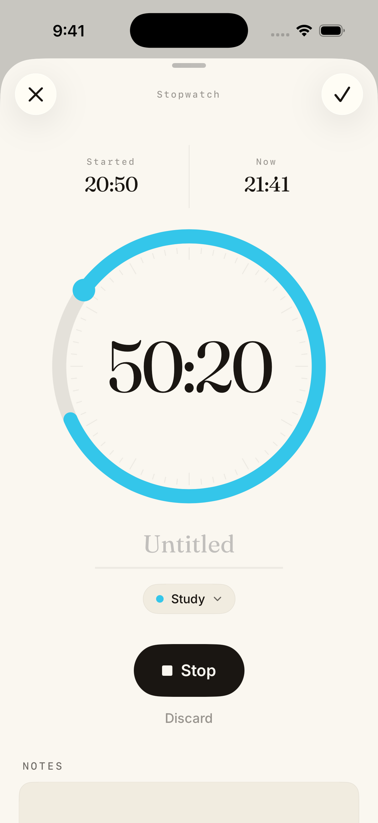 Calume stopwatch running for a focus session